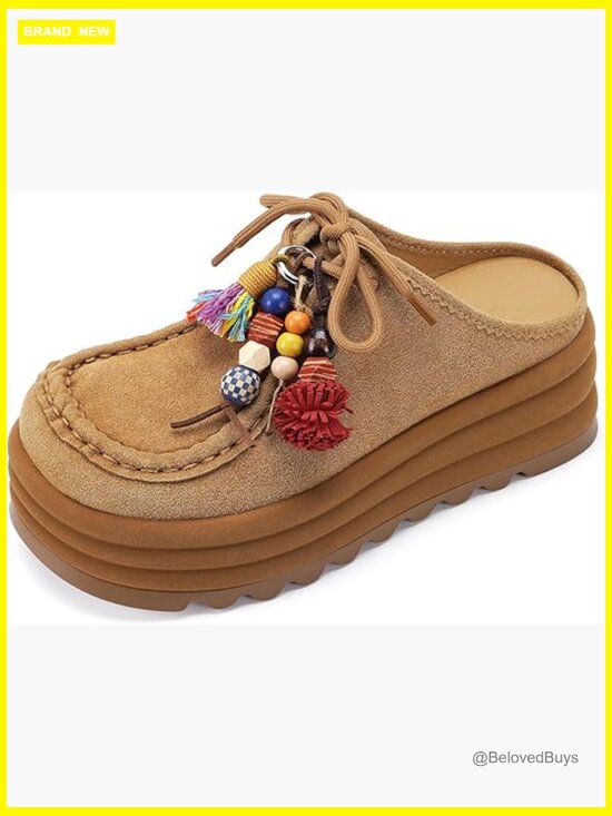 Shoes - Genuine Suede Platform Mules Chunky Sole Slip On Clogs Arch Support Non Slip